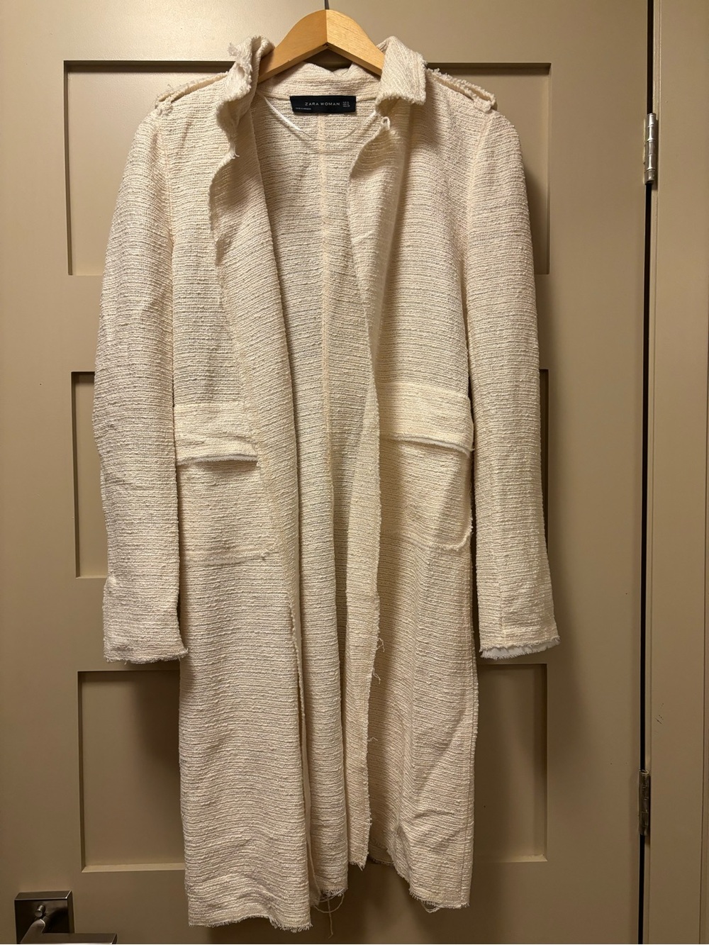 ZARA Open Cardigan Trench Duster White Sheer Midi Slim Blazer Fringe Epaulets